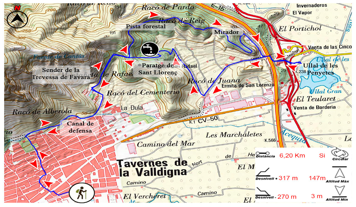 Map of the Racó de Joana and Ullals Route in Tavernes de la Valldigna