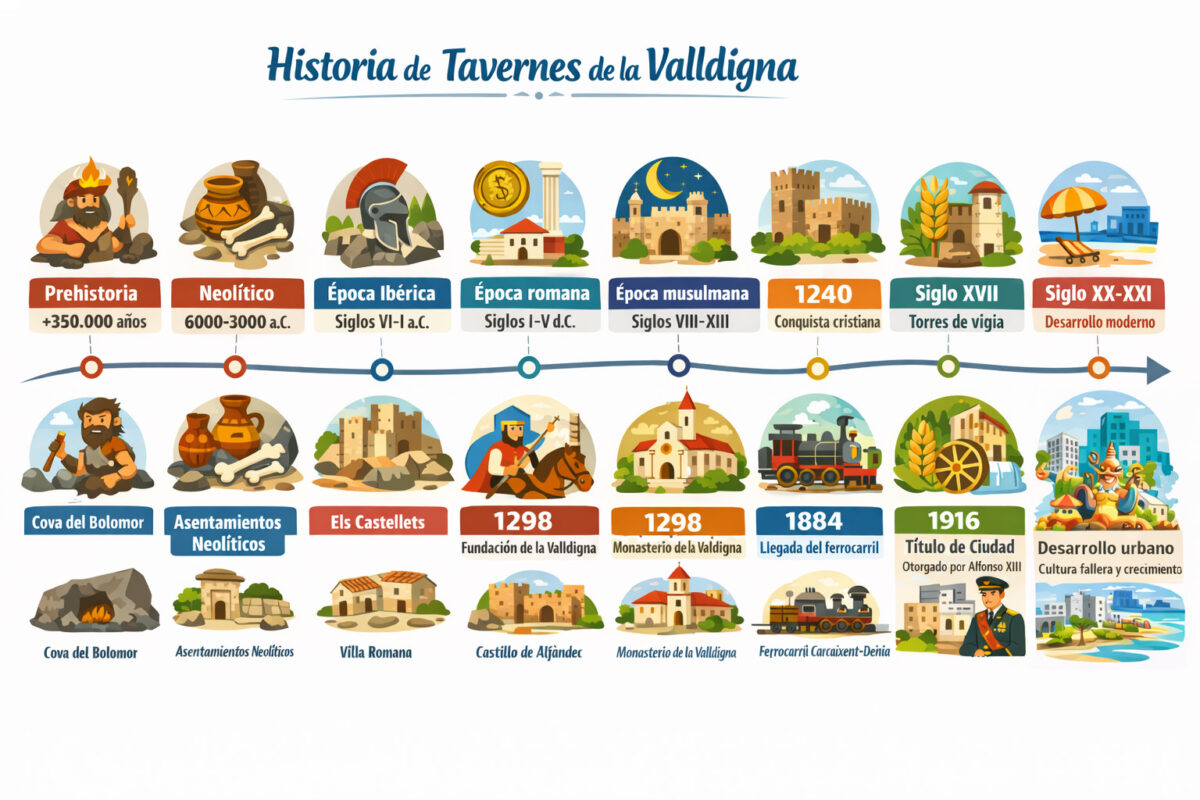 Infografía en valenciano sobre la historia de Tavernes de la Valldigna, con una línea del tiempo desde la prehistoria hasta los siglos XX y XXI, incluyendo la Cova del Bolomor, asentamientos neolíticos, época ibérica, romana y musulmana, la conquista cristiana, el Monestir de la Valldigna, la llegada del ferrocarril y el título de ciudad.